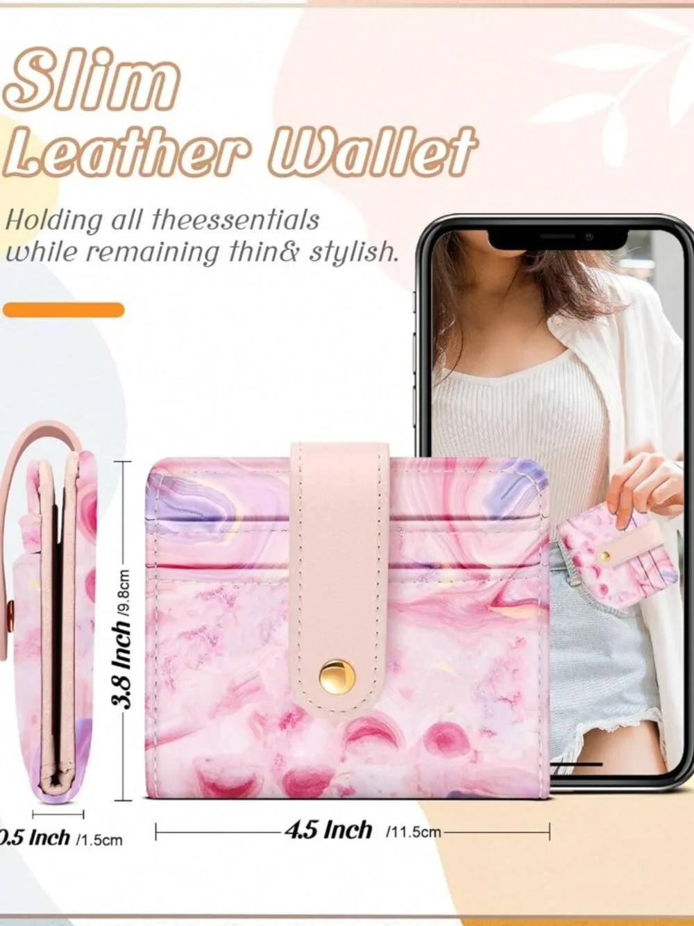 Chic Pink Agate Small Card Wallet with Keychain for Women - Stylish & Functional